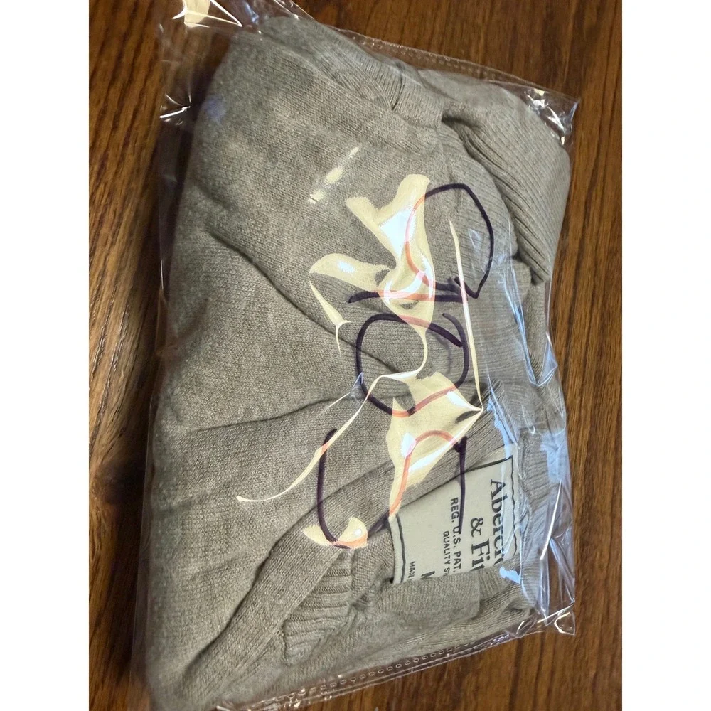 Abercrombie & Fitch Mens V-Neck Sweater M Beige Oatmeal Knit Moose Logo Long Slv